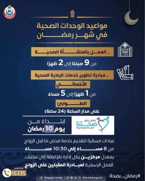 مواعيد جديدة لتقديم خدمات مبادرة فحص المقبلين علي الزواج في رمضان